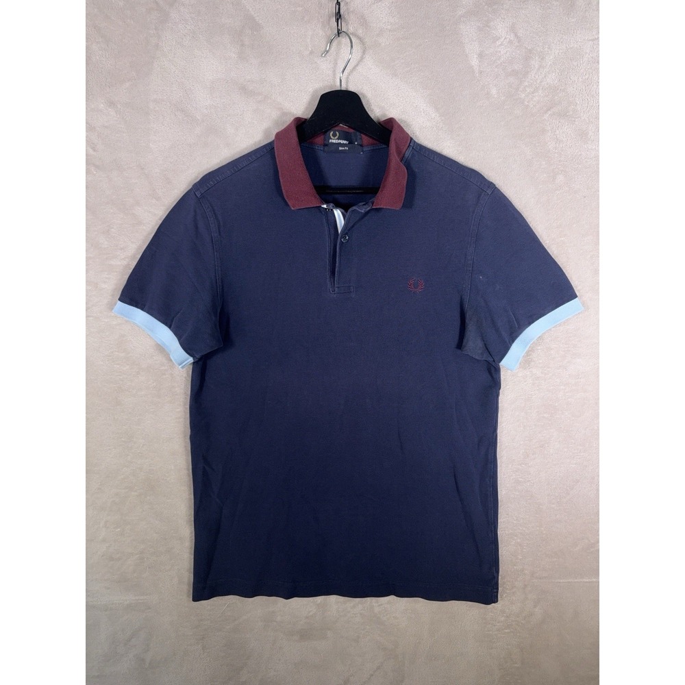 Fred Perry Polo Shirt Mens Medium Navy Blue Slim Fit Contrast Collar Twin Tipped